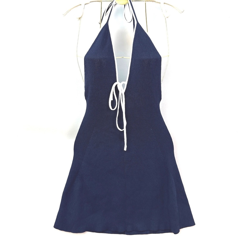 Wild Fable Navy Blue Ribbed Halter Mini Dress Contrast Trim XS